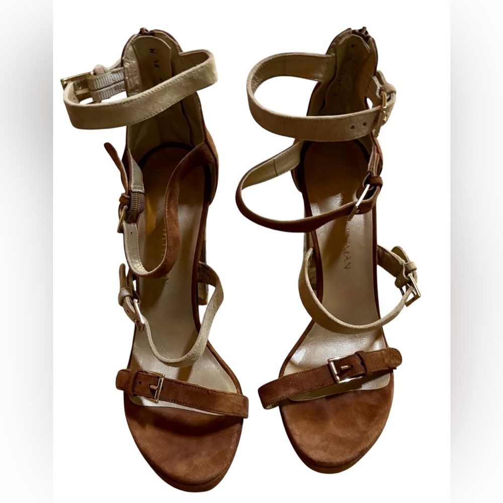 ⭐️Stuart Weitzman 4 Buckle Strap Platform Suede Leather Block Heel Sandal 8.5